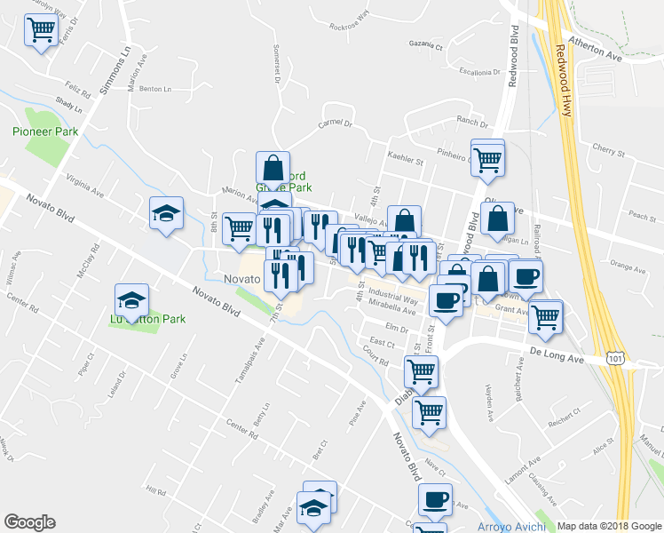 map of restaurants, bars, coffee shops, grocery stores, and more near 1433 Grant Avenue in Novato