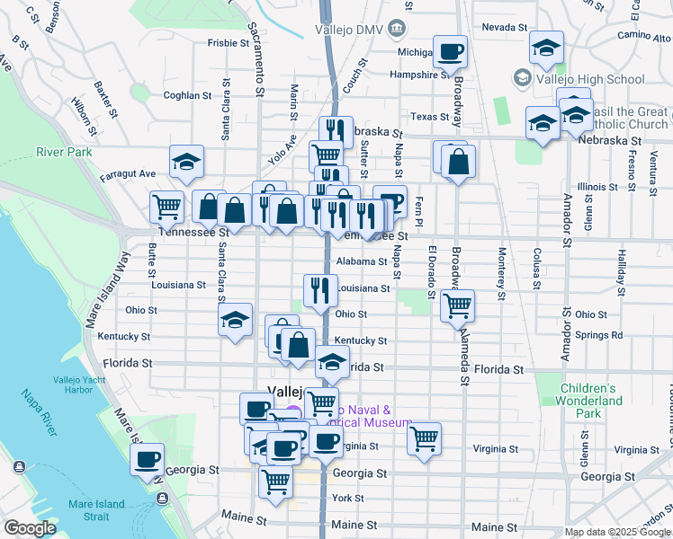 map of restaurants, bars, coffee shops, grocery stores, and more near 615 Alabama Street in Vallejo