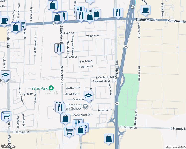 map of restaurants, bars, coffee shops, grocery stores, and more near 407 Century Boulevard in Lodi