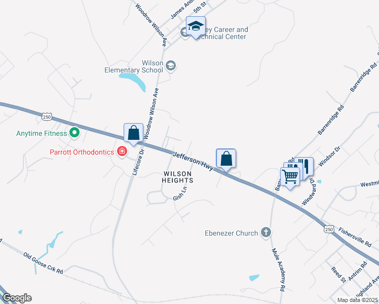 map of restaurants, bars, coffee shops, grocery stores, and more near 1262 Jefferson Highway in Fishersville