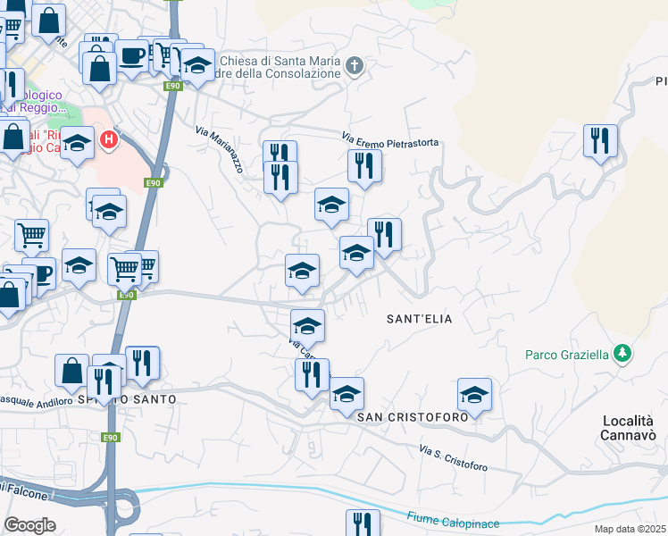map of restaurants, bars, coffee shops, grocery stores, and more near 24 Eremo Condera Diramazione Postorino in Reggio Calabria