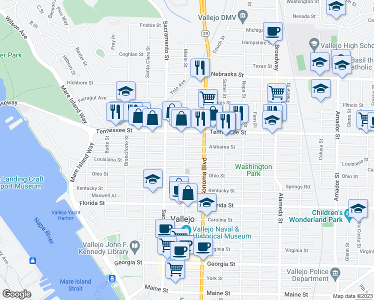 map of restaurants, bars, coffee shops, grocery stores, and more near 1330 Marin Street in Vallejo