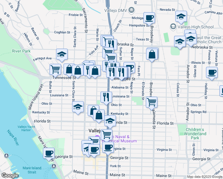 map of restaurants, bars, coffee shops, grocery stores, and more near 609 Alabama Street in Vallejo