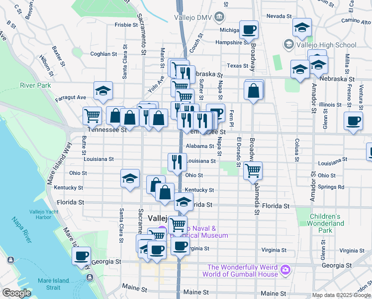map of restaurants, bars, coffee shops, grocery stores, and more near 601 Alabama Street in Vallejo