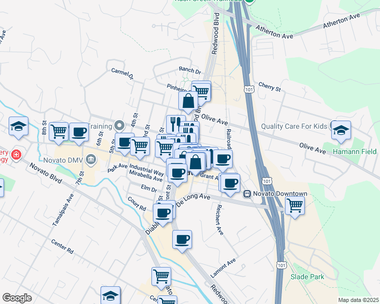 map of restaurants, bars, coffee shops, grocery stores, and more near 7416 Redwood Boulevard in Novato