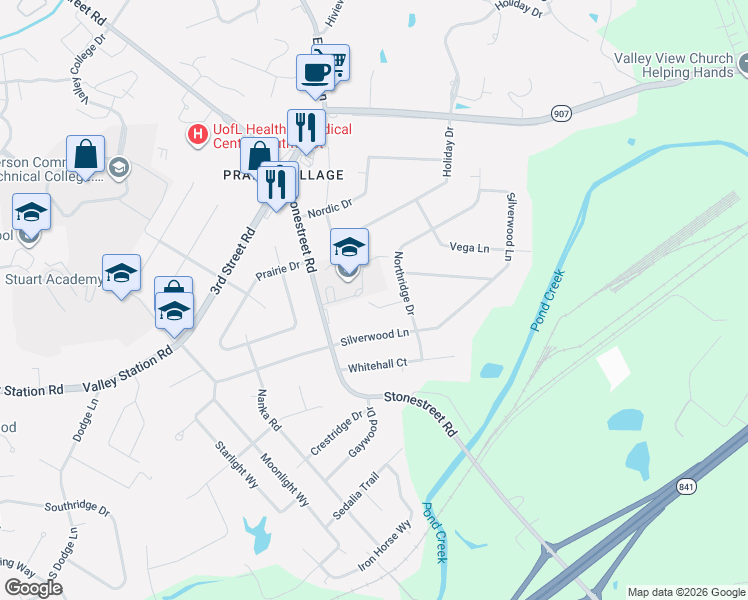 map of restaurants, bars, coffee shops, grocery stores, and more near 10007 Northridge Court in Louisville