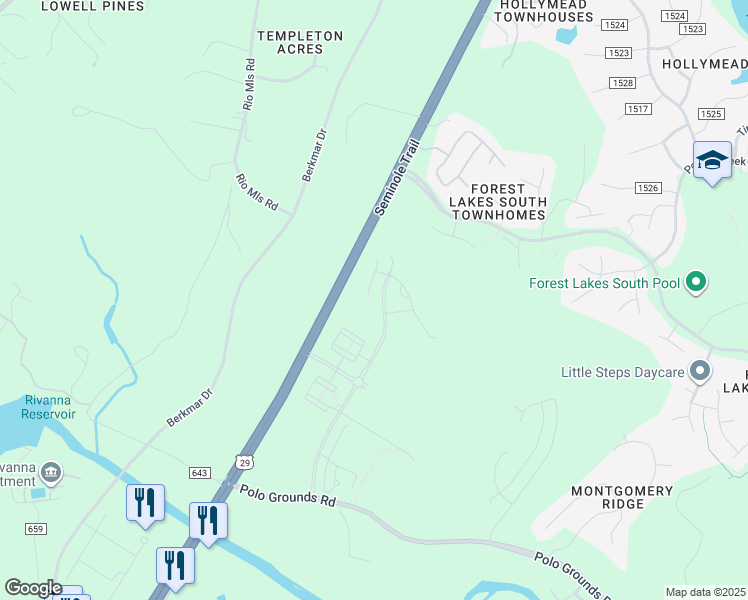 map of restaurants, bars, coffee shops, grocery stores, and more near Seminole Trail in Charlottesville