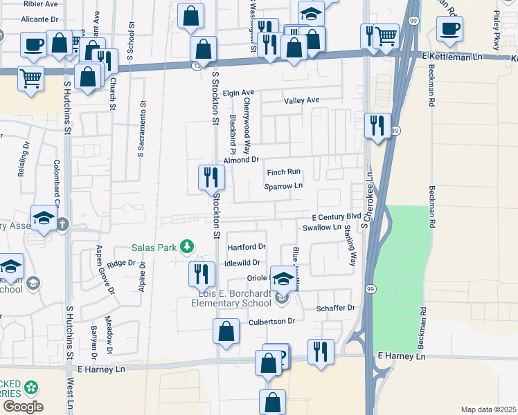 map of restaurants, bars, coffee shops, grocery stores, and more near 258 Meadowlark Way in Lodi