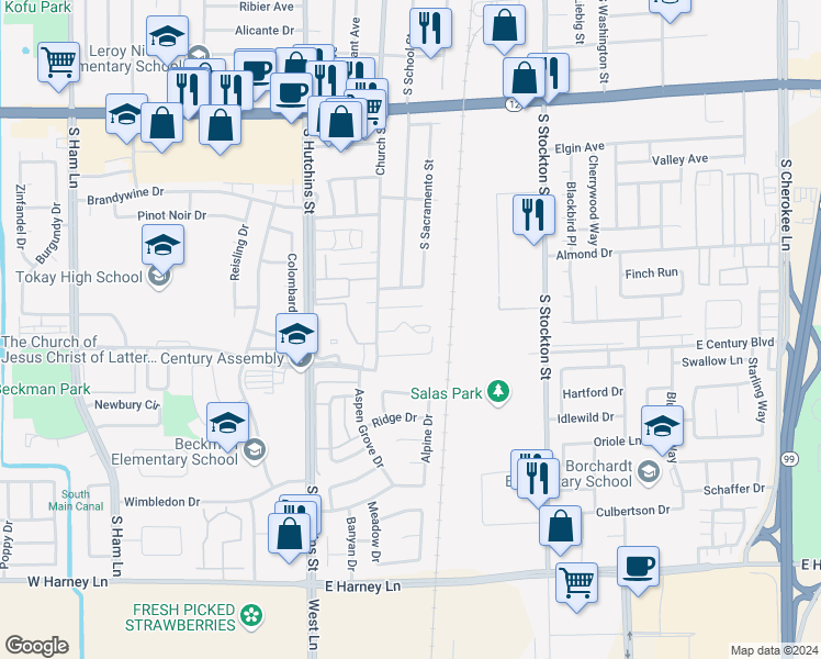 map of restaurants, bars, coffee shops, grocery stores, and more near 146 Adobe Court in Lodi