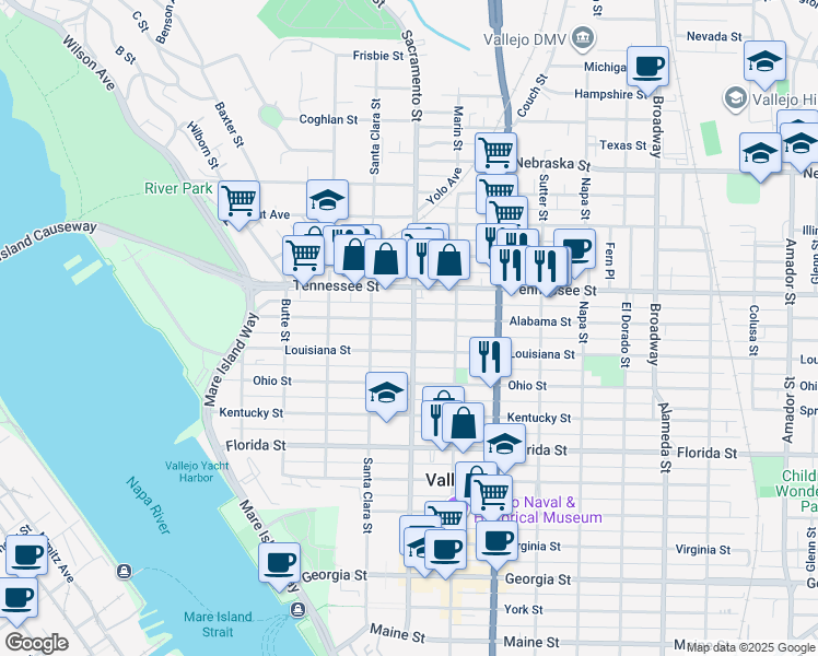map of restaurants, bars, coffee shops, grocery stores, and more near 319 Alabama Street in Vallejo