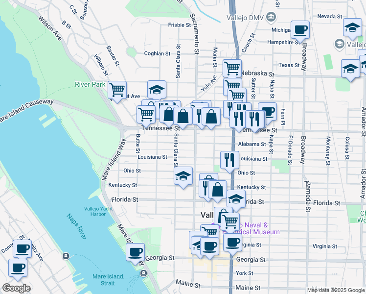 map of restaurants, bars, coffee shops, grocery stores, and more near 319 Alabama Street in Vallejo