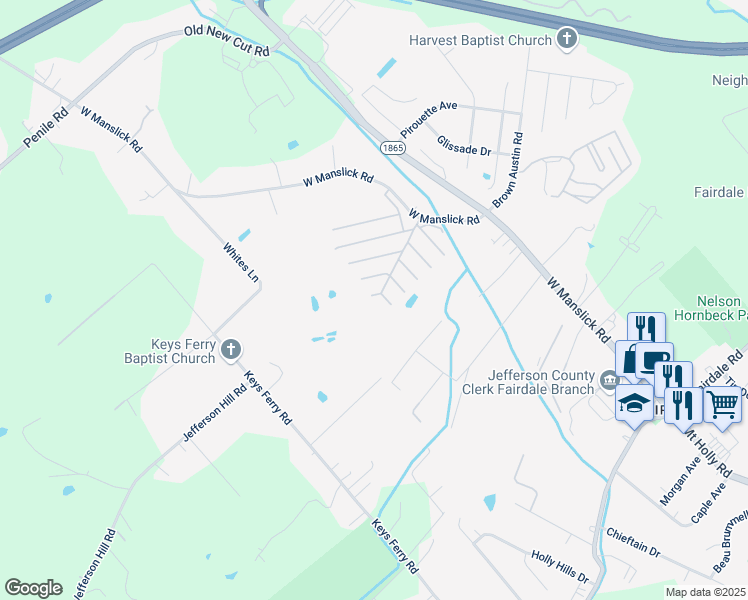map of restaurants, bars, coffee shops, grocery stores, and more near 401 Ryan Way in Louisville