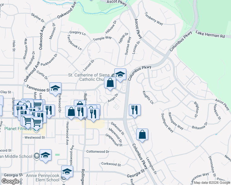 map of restaurants, bars, coffee shops, grocery stores, and more near 3469 Tennessee Street in Vallejo