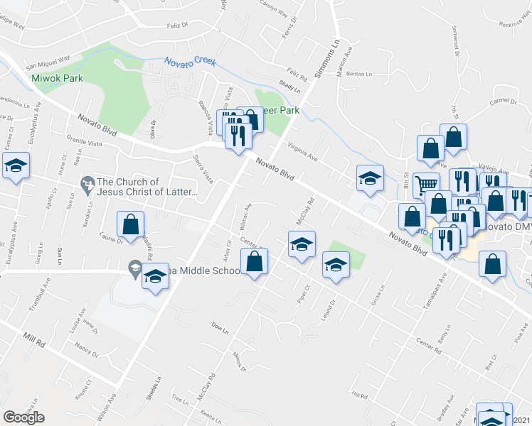 map of restaurants, bars, coffee shops, grocery stores, and more near 19 Margory Court in Novato