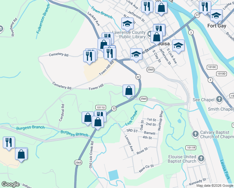 map of restaurants, bars, coffee shops, grocery stores, and more near Tower Hill in Louisa