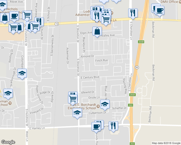 map of restaurants, bars, coffee shops, grocery stores, and more near 258 Meadowlark Way in Lodi