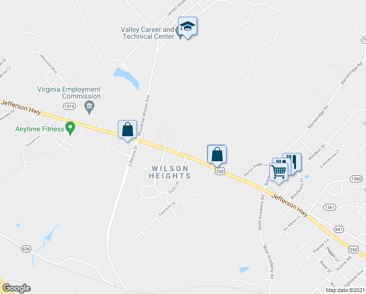 map of restaurants, bars, coffee shops, grocery stores, and more near 1262 Jefferson Highway in Fishersville