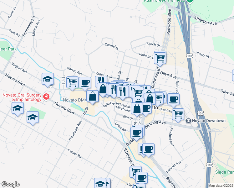 map of restaurants, bars, coffee shops, grocery stores, and more near 1320 Grant Avenue in Novato