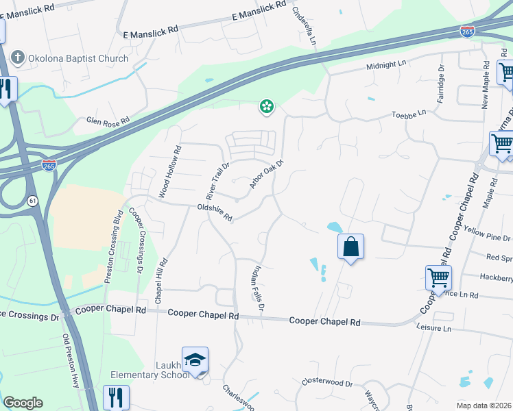 map of restaurants, bars, coffee shops, grocery stores, and more near 5225 Oldshire Road in Louisville