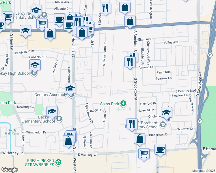 map of restaurants, bars, coffee shops, grocery stores, and more near 1912 Church Street in Lodi