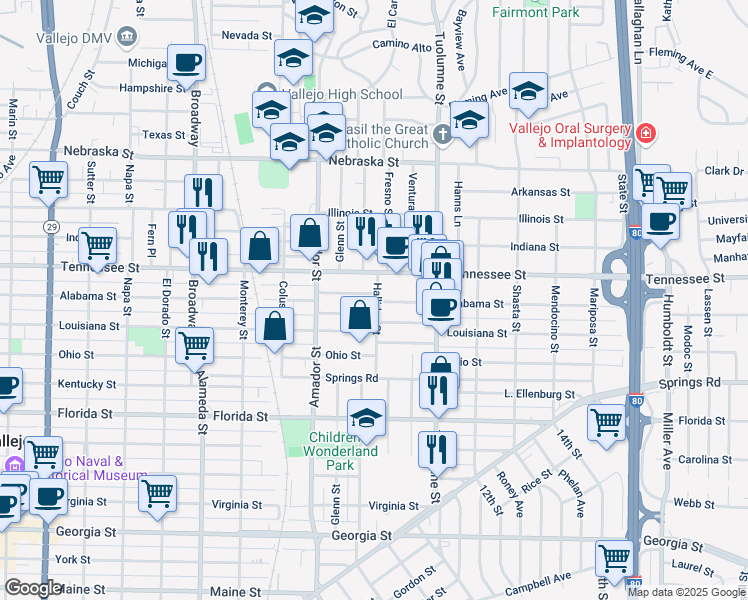 map of restaurants, bars, coffee shops, grocery stores, and more near 1333 Alabama Street in Vallejo