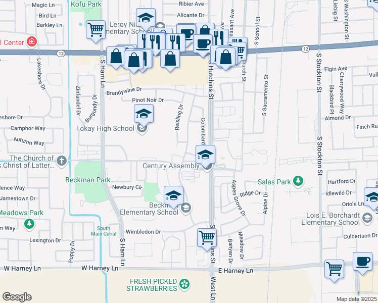 map of restaurants, bars, coffee shops, grocery stores, and more near 1975 Colombard Circle in Lodi