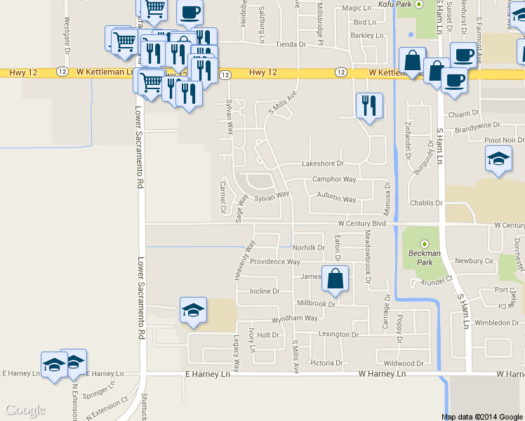map of restaurants, bars, coffee shops, grocery stores, and more near 1858 Sylvan Way in Lodi