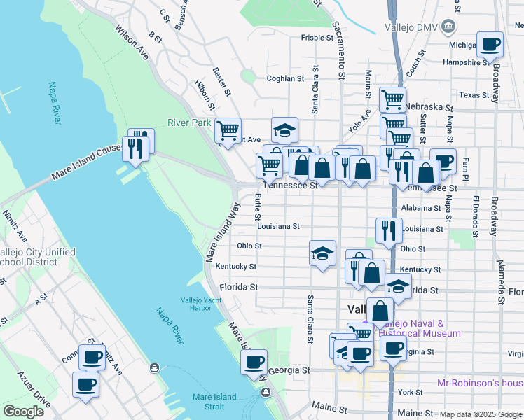 map of restaurants, bars, coffee shops, grocery stores, and more near 29 Alabama Street in Vallejo