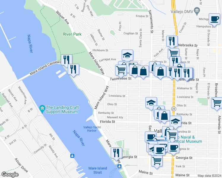 map of restaurants, bars, coffee shops, grocery stores, and more near 29 Alabama Street in Vallejo