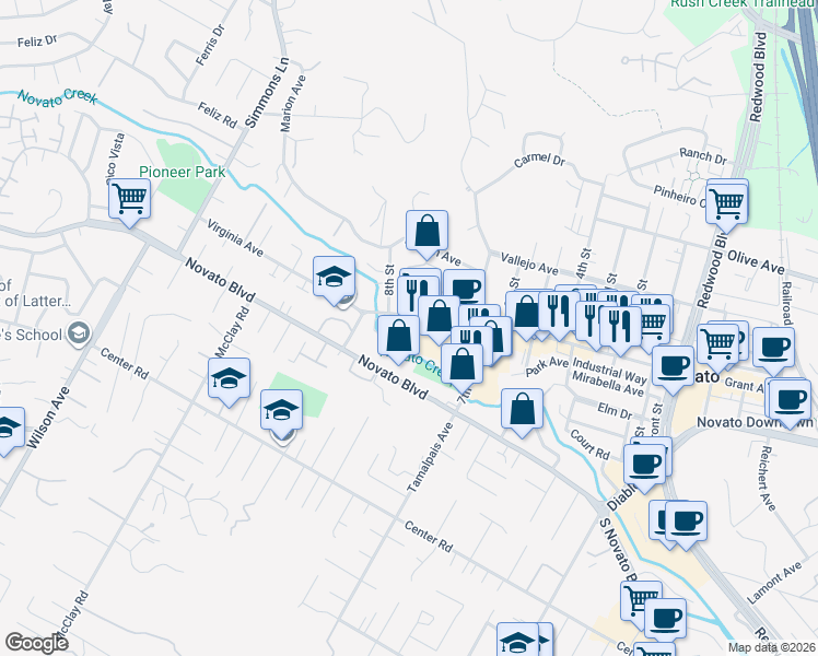 map of restaurants, bars, coffee shops, grocery stores, and more near 4 Monterey Court in Novato