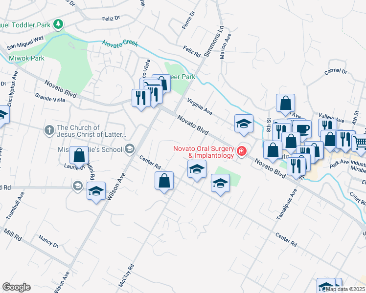 map of restaurants, bars, coffee shops, grocery stores, and more near 846 Wilmac Avenue in Novato