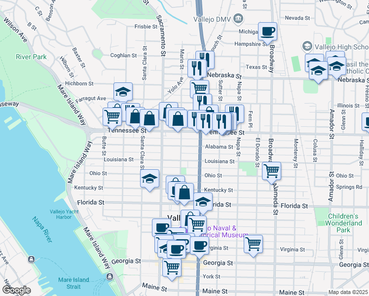 map of restaurants, bars, coffee shops, grocery stores, and more near 505 Alabama Street in Vallejo