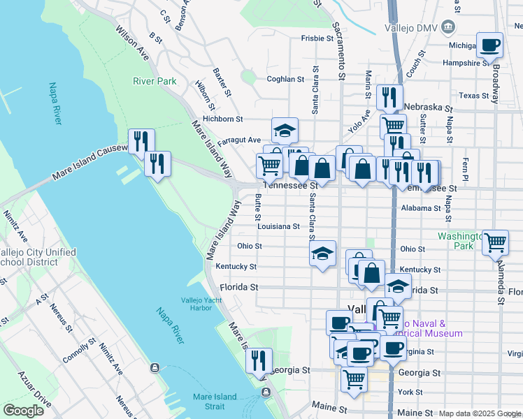 map of restaurants, bars, coffee shops, grocery stores, and more near 101 Alabama Street in Vallejo
