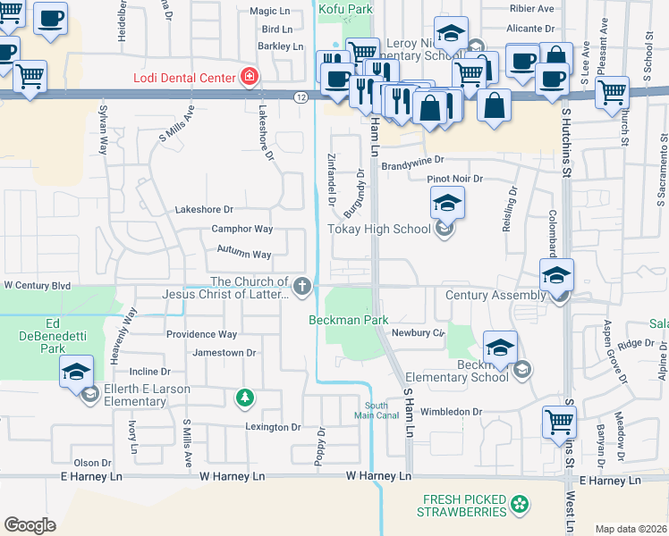 map of restaurants, bars, coffee shops, grocery stores, and more near 1311 West Century Boulevard in Lodi