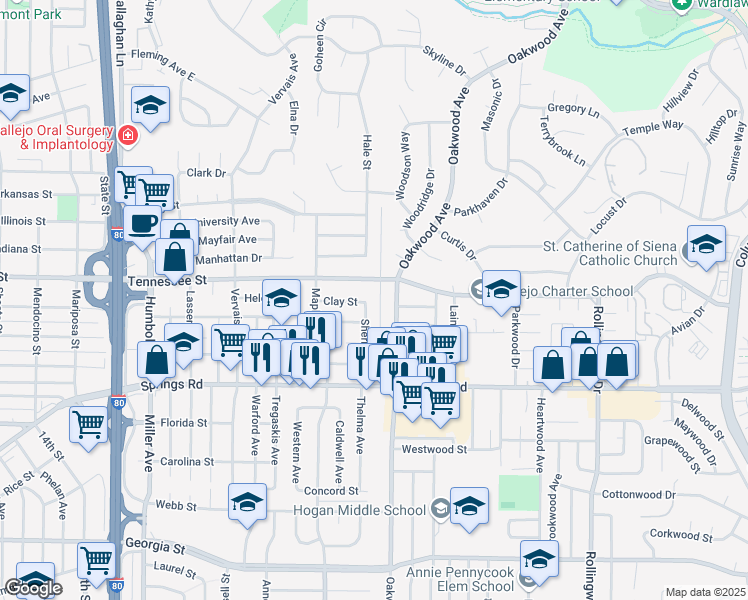 map of restaurants, bars, coffee shops, grocery stores, and more near 1176 Sherman Street in Vallejo