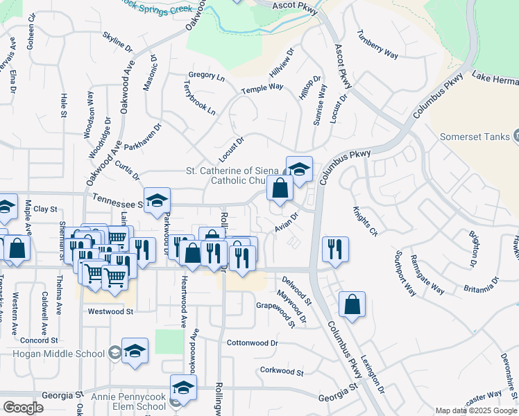map of restaurants, bars, coffee shops, grocery stores, and more near 134 Nashville Lane in Vallejo