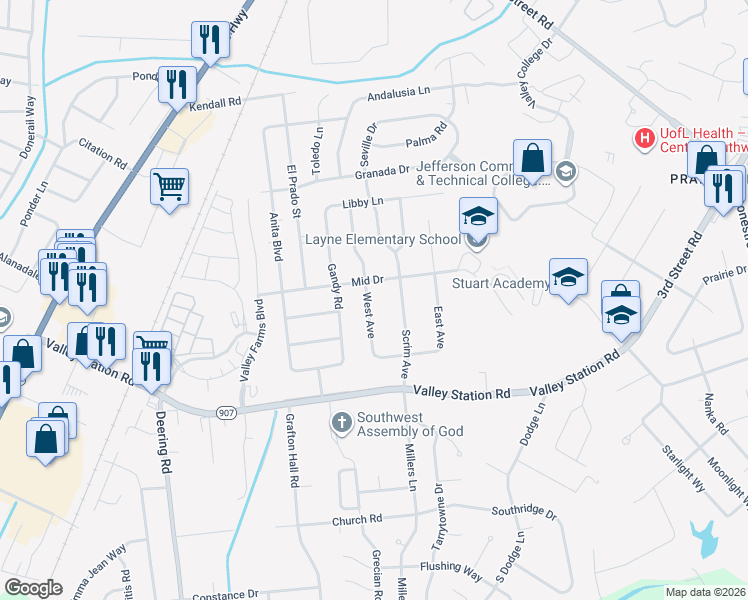 map of restaurants, bars, coffee shops, grocery stores, and more near 9902 West Avenue in Louisville