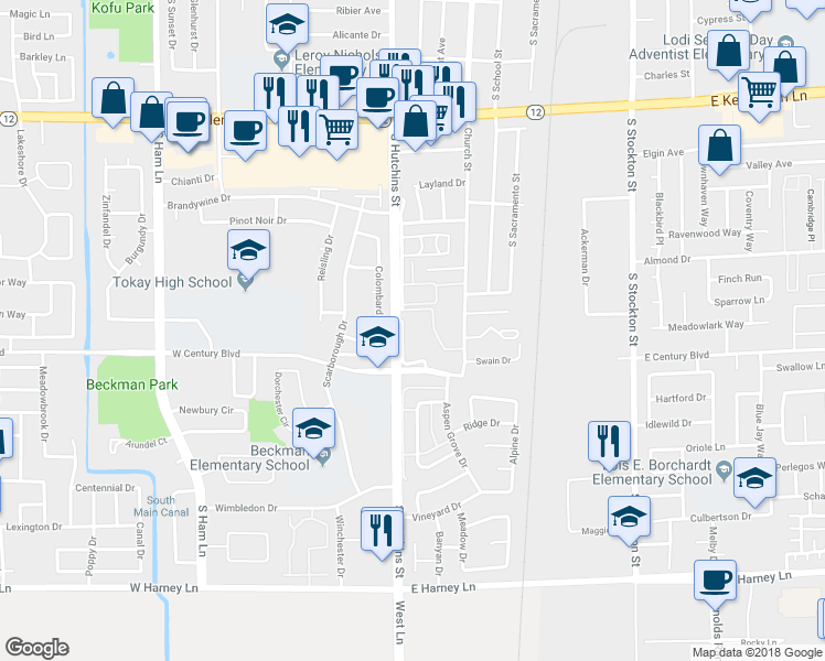 map of restaurants, bars, coffee shops, grocery stores, and more near 1900 South Hutchins Street in Lodi