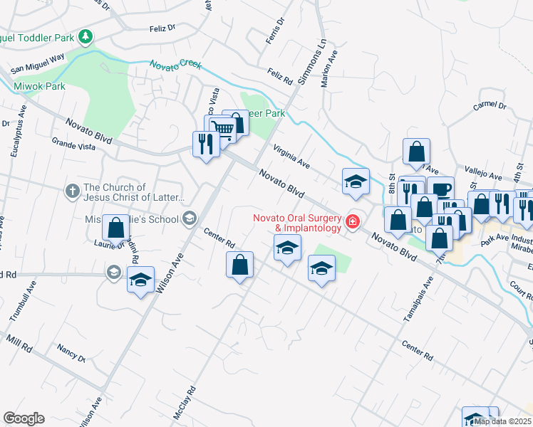 map of restaurants, bars, coffee shops, grocery stores, and more near 846 Wilmac Avenue in Novato