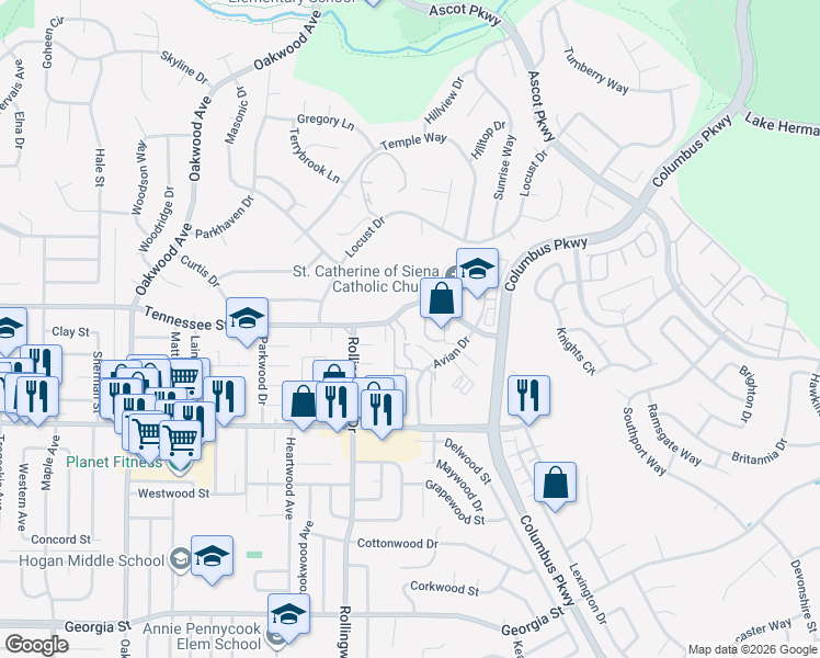 map of restaurants, bars, coffee shops, grocery stores, and more near 134 Nashville Lane in Vallejo