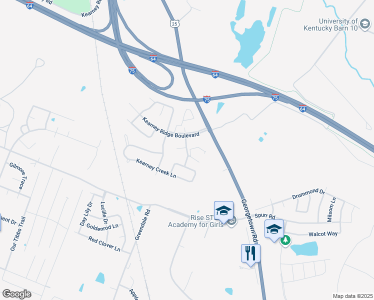 map of restaurants, bars, coffee shops, grocery stores, and more near Meadowsweet Lane in Lexington