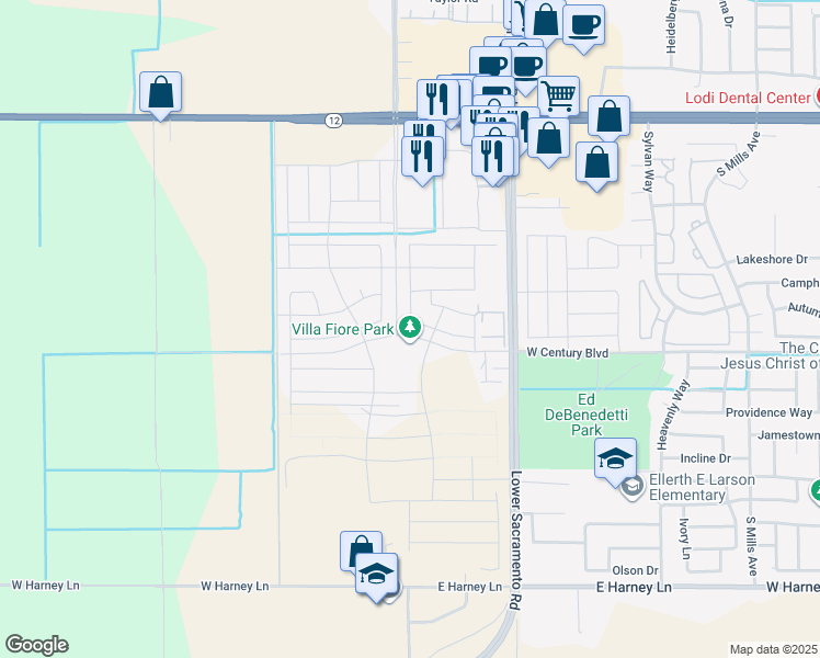 map of restaurants, bars, coffee shops, grocery stores, and more near 1875 Larkspur Lane in Lodi