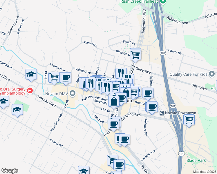map of restaurants, bars, coffee shops, grocery stores, and more near 1025 2nd Street in Novato