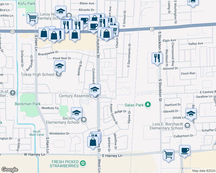 map of restaurants, bars, coffee shops, grocery stores, and more near 1900 South Hutchins Street in Lodi
