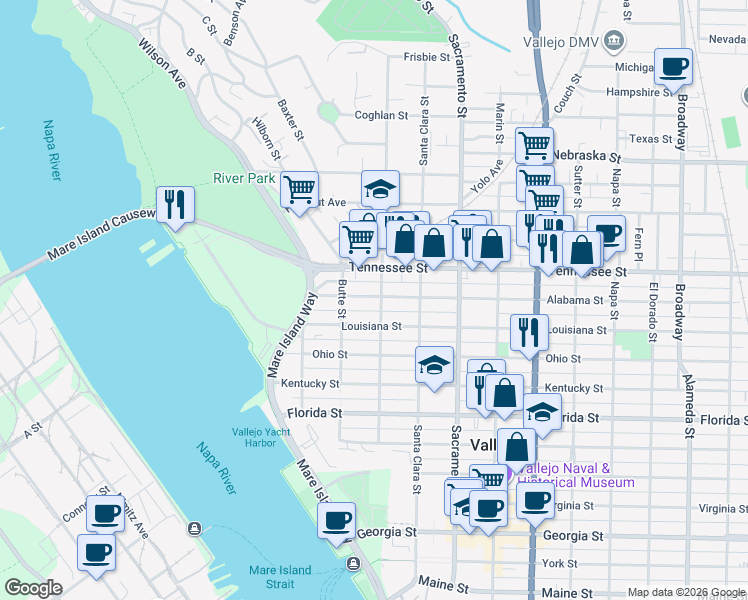 map of restaurants, bars, coffee shops, grocery stores, and more near 129 Alabama Street in Vallejo