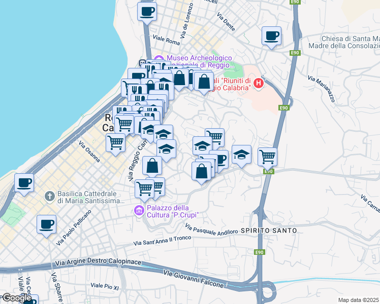 map of restaurants, bars, coffee shops, grocery stores, and more near 8 Via Villini Svizzeri in Reggio Calabria