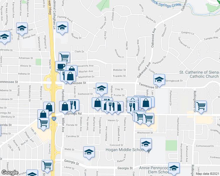 map of restaurants, bars, coffee shops, grocery stores, and more near 1181 Maple Avenue in Vallejo