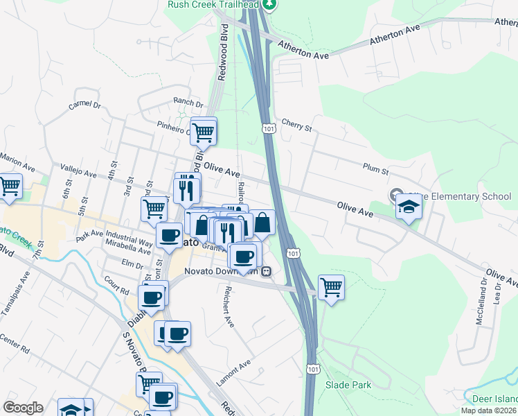 map of restaurants, bars, coffee shops, grocery stores, and more near 731 West Orange Avenue in Novato