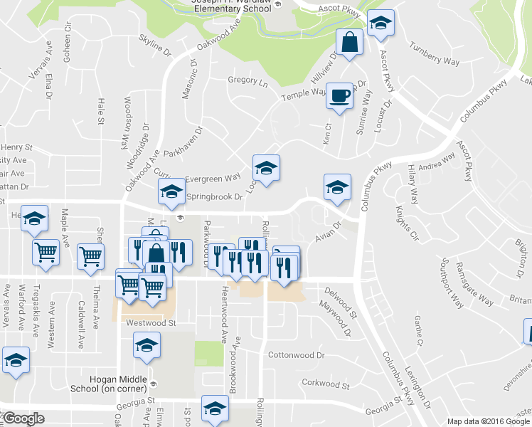 map of restaurants, bars, coffee shops, grocery stores, and more near Tennessee St & Rollingwood Dr in Vallejo