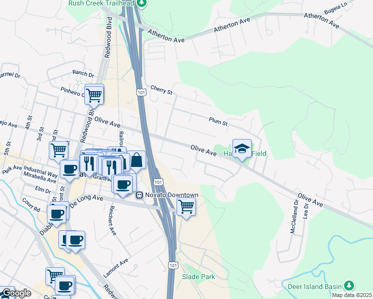 map of restaurants, bars, coffee shops, grocery stores, and more near 663 Olive Avenue in Novato